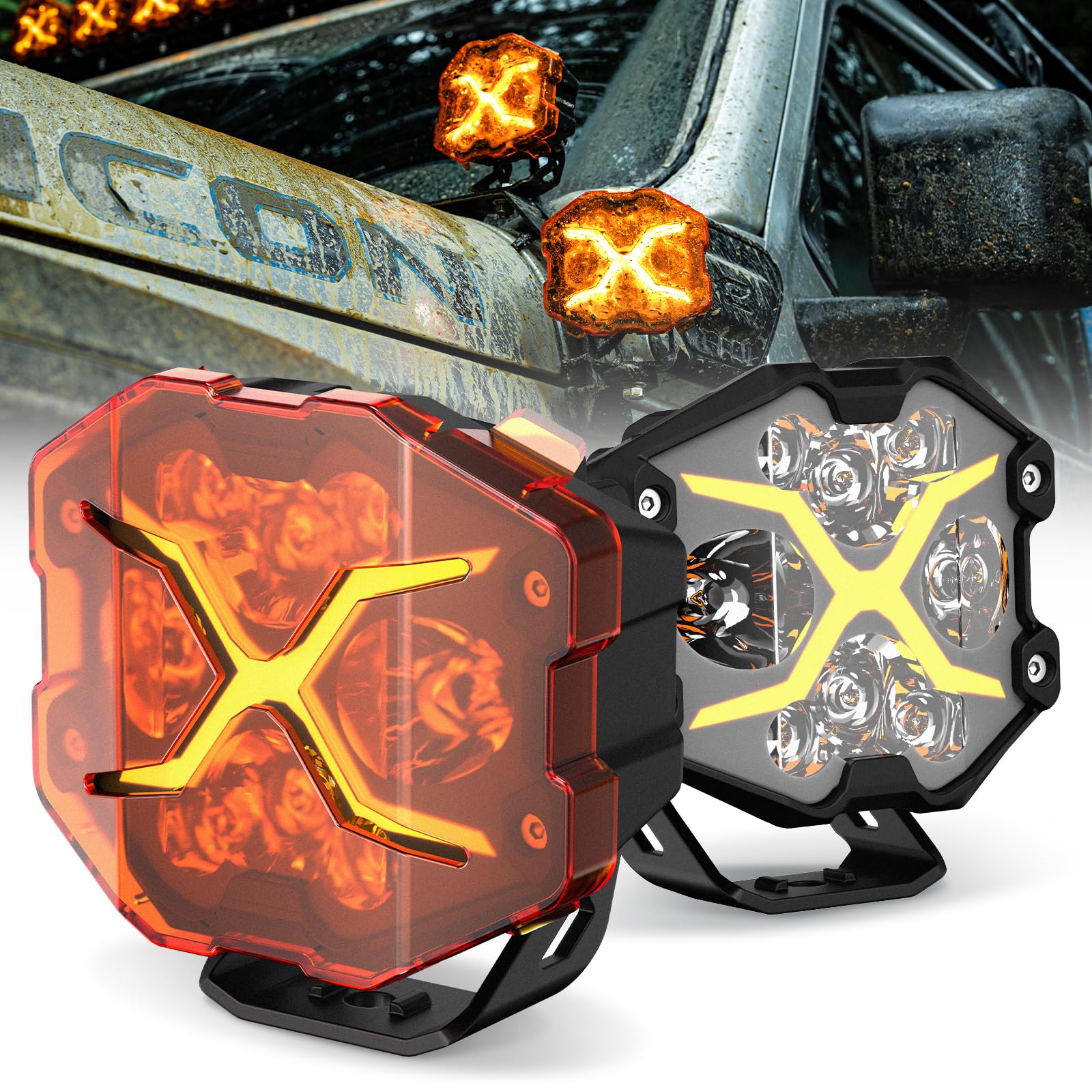 

NOVSIGHT X Series LED Fog Super 26 LED IP68 Waterproof and Daytime Running Lights for and with Amber Covers 4-inch Lights, Off-Road Lamps,