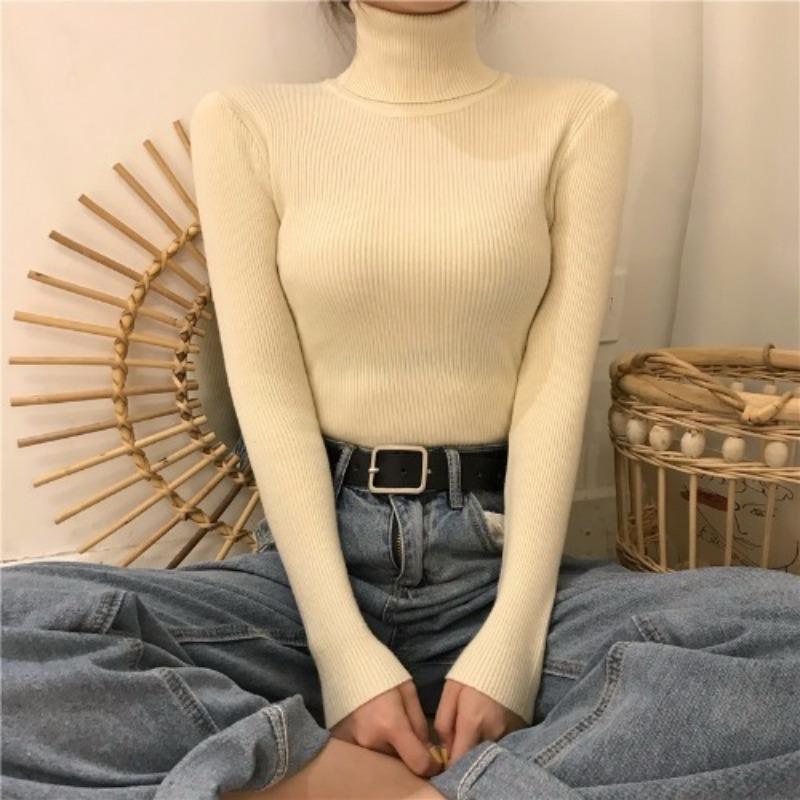 Women's Autumn Winter Long Sleeve High Neck Knit Base Layer Slim-Fit Solid Color Pullover Tight-Fitting Top