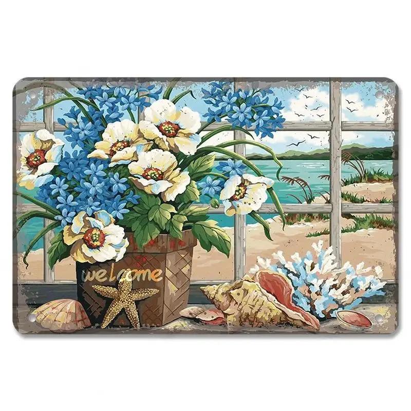 D Flat Metal Sign Vintage Welcome Garden Tin Sign Set Rustic Home Decor Butterfly Flower Watering Can Wall Art