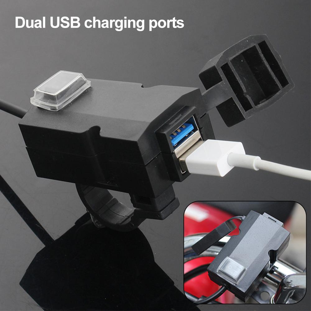 12V-24V Motorcycle USB Charger QC3.0/3.1A Dual Usb Port Waterproof Motorcycle Handlebar Charger Adapter with Switch Motorbike Accessories