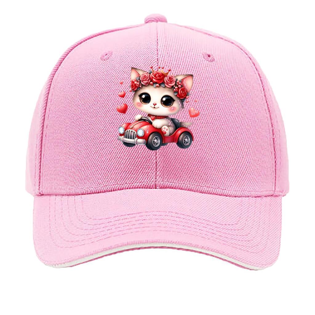 Cute Kitten Driving Red Car Heart Rose Crown Sandwich Baseball Cap Unisex Women Sun Cap Outdoor Workouts Hat