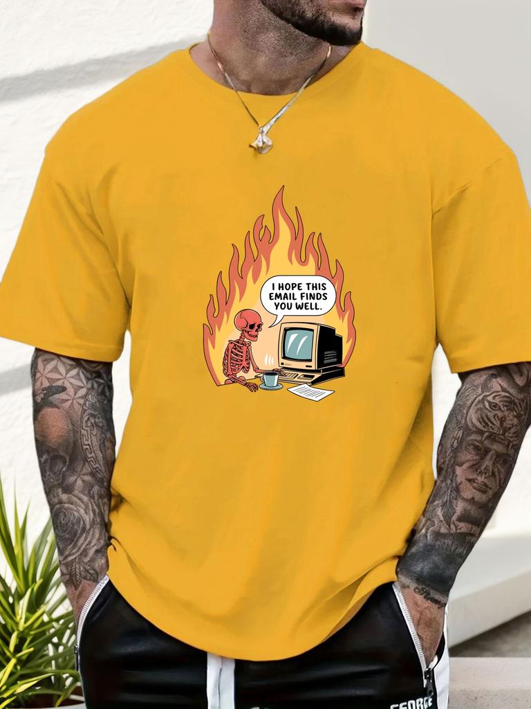 Mens Casual Tshirt Skeleton Flame Email Print Short Sleeve Round Neck Breathable Soft Oversized Humorous Daily Tee