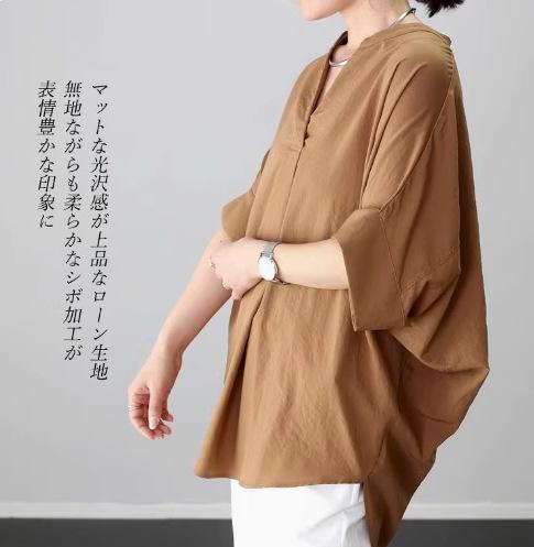 Japanese summer new spring and autumn V-neck pullover loose and thin solid color shirt top women's shirt