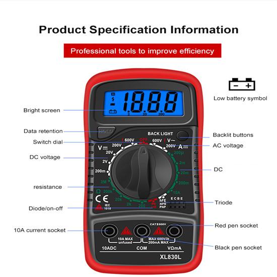 XL830L Multimetru digital portabil LCD Iluminare din spate Ampermetru portabil AC/DC Voltmetru Ohm Tester de tensiune Contor Multimetro