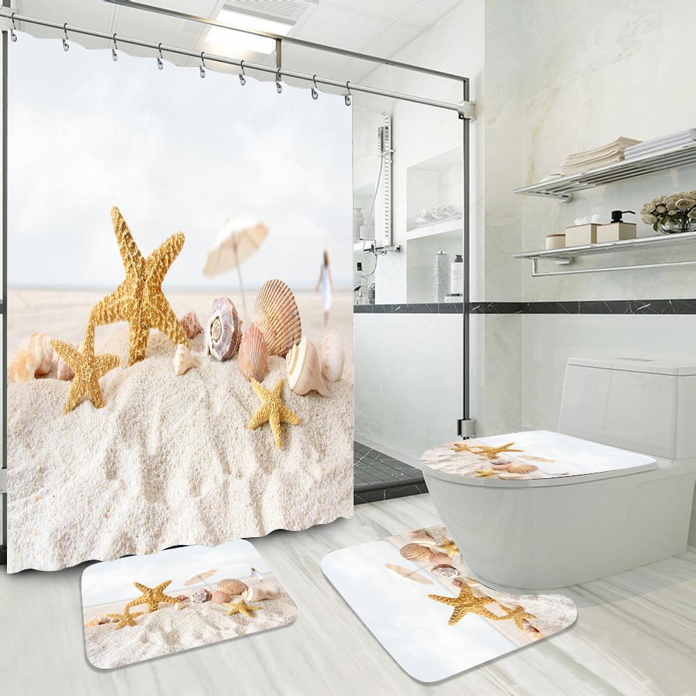 Blue Fishing Net And Whelk 3D Printed Waterproof Shower Curtain Non Slip Rugs Mat Polyester Fabric Waterproof With Hooks