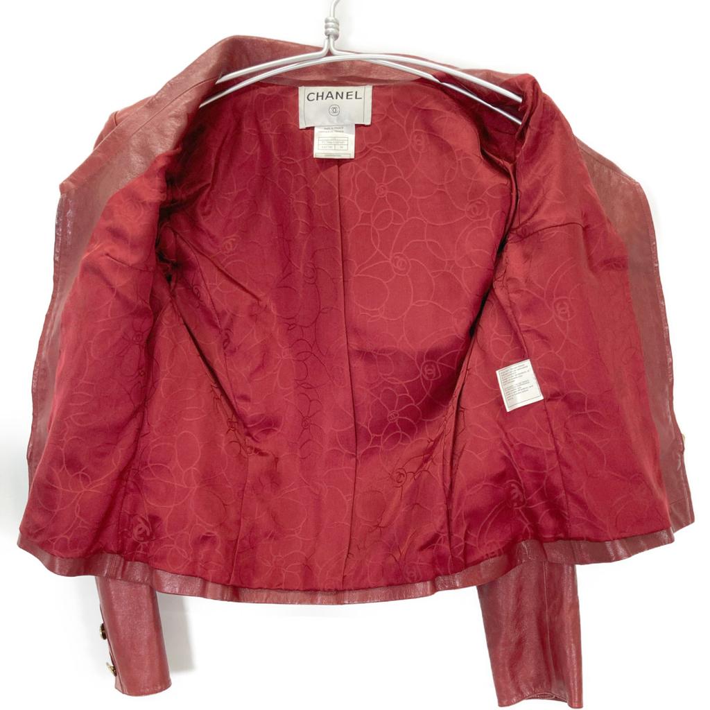 CHANEL 2001 High Summer P17886 Red Goatskin Camellia Lining Leather Jacket Jacket 38 RedUsed