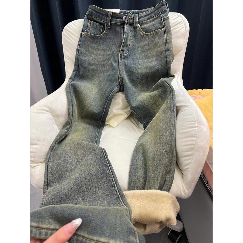 

Женские джинсы клеш ретро с высокой посадкой и флисовой подкладкой - Большой размер, Зимние теплые, Посадка для фигуры типа груша Large