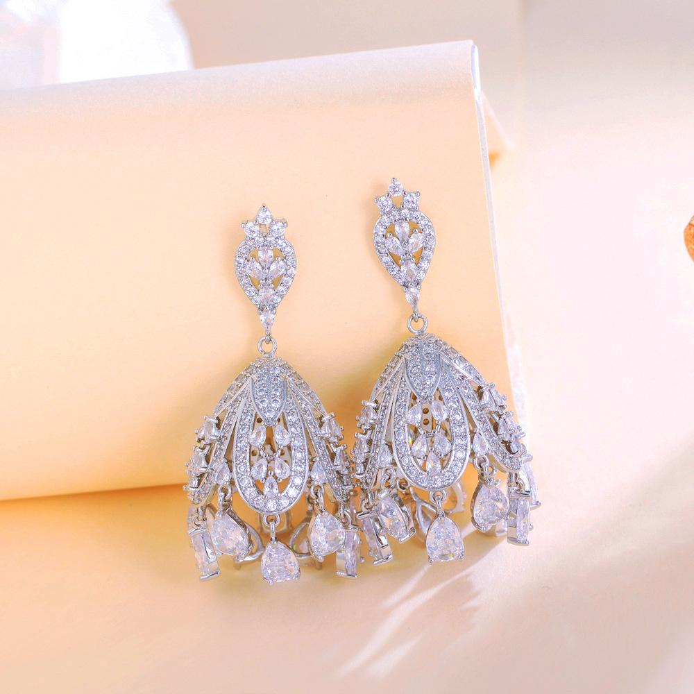 Needle French Light Luxury Court Style Full Zirconium Hollow Earrings Guochao Water Drop Fringed Zircon Earrings Earrings
