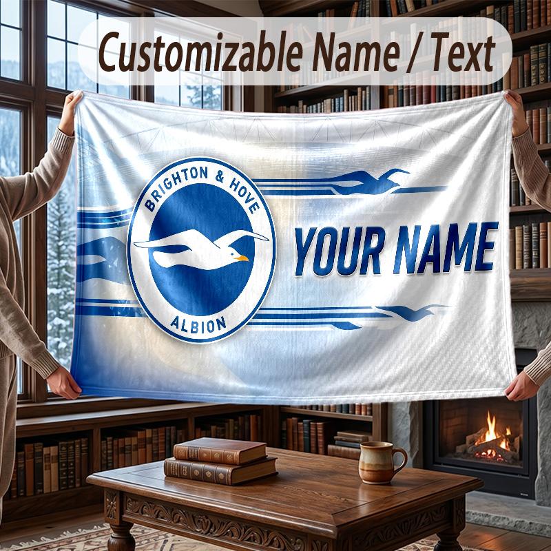 Custom Name Flannel Throw Blanket Brighton & Hove Albion Football Pattern Warm Home Decoration