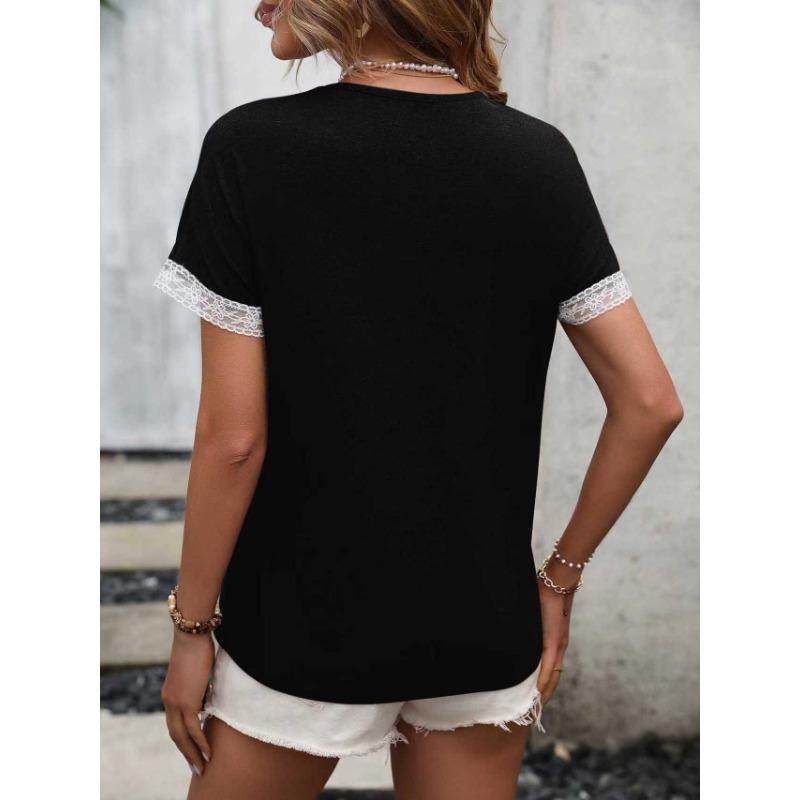 Women Short Sleeve Round Neck Lace Spliced Casual T Shirt