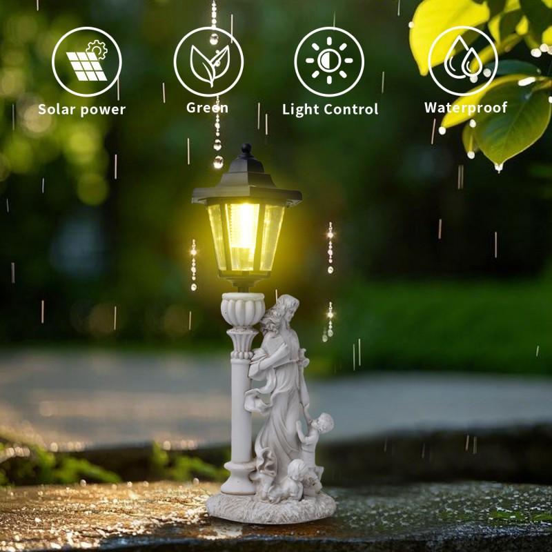 Solarbetriebene Harz-Gartenstatue Mutter Kind hält Buch Outdoor-Dekoration Europäischer Stil Hofschmuck