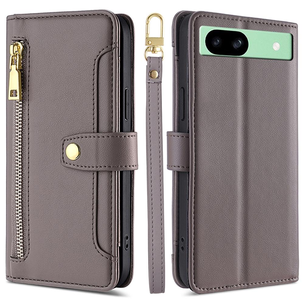 For Google Pixel 8a Phone Case PU Leather Protective Cover with Zipper Wallet