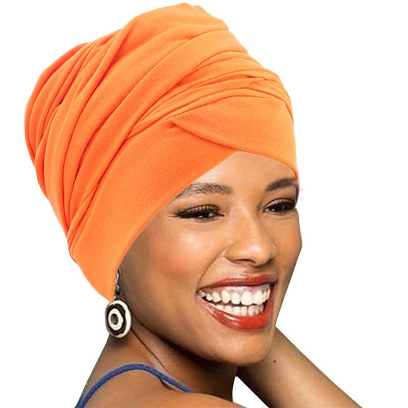 New Women Turban Head Wrap Turban Hat African Headband Hair Care Solid Color Cotton Turbante Long Tail Bonnet Hijab Caps Muslim