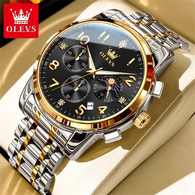 3628 Moon Phase Calendar Waterproof Men Watch Solid Stainless Steel Original Watch Arabic Numeral Scale Quartz Wristwatch