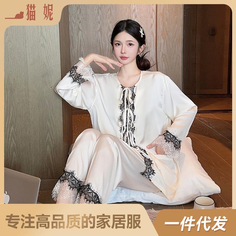 New ice silk pajamas women's long-sleeved suit, new Chinese high-end national style loungewear, spring and autumn new thin styles can be worn outside