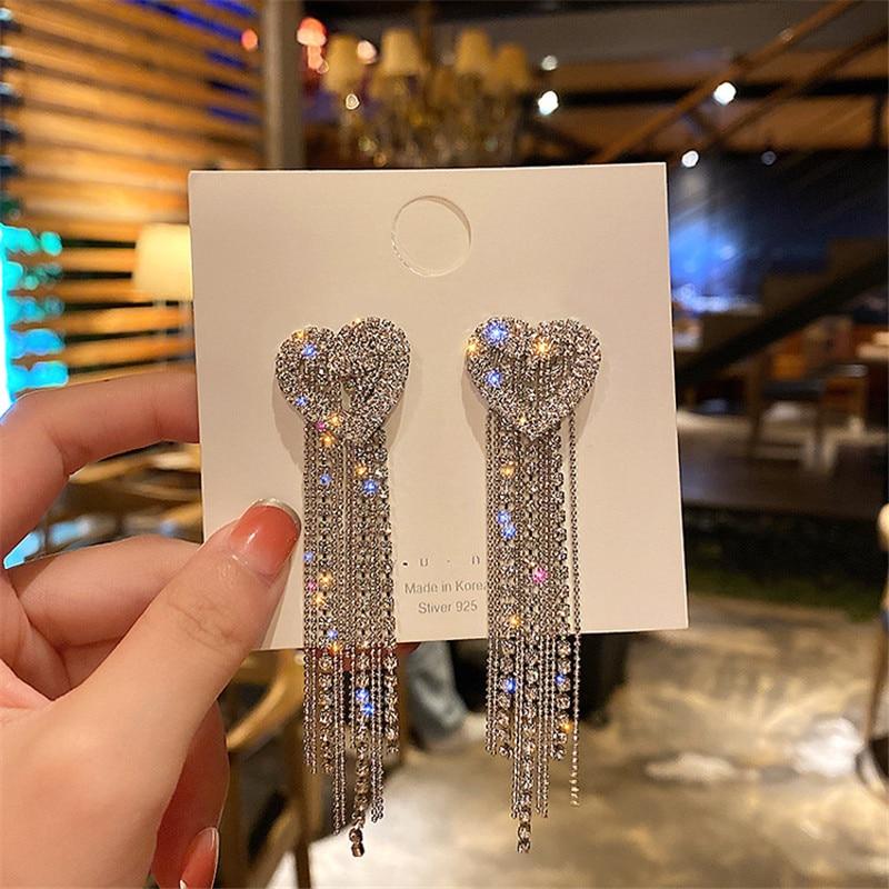 Love Heart Crystal Drop Earrings For Women Long Tassel Rhinestone Dangle Earrings Party Jewelry Accessories