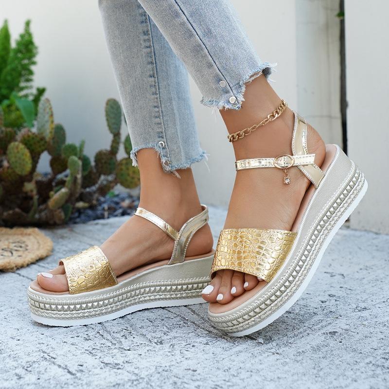 Schuhe für Damen 2026 Sommer Mode Damen Peep Toe Plateau Keilsandalen Riemchen mit Schnalle Übergröße Sandalen Gold Damen Schuhwerk