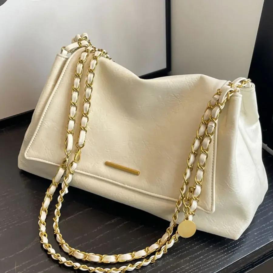 Soft PU Leather Tote Bag New Golden Chains Feminine High Quality Large Capacity Solid Shoulder Versatile Crossbody Bag