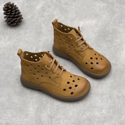 GKTINOO Retro Echte Leder Ausgeschnittene Stiefel 2025 Sommer Neu Runde Zehenspitze Flach Elastisch Schnürung Weiches Rindsleder Damen Sandalen