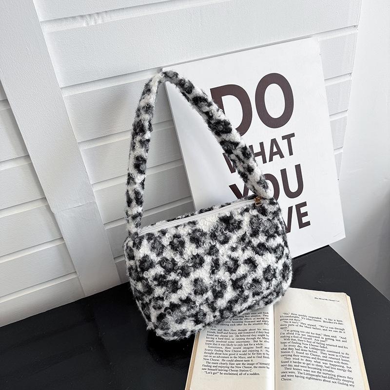 Retro Leopard Plüsch Umhängetaschen für Damen Leichte Tragbare Damen Handtaschen Geldbörse Winterlich Lässig Quadratische Achseltasche für Damen