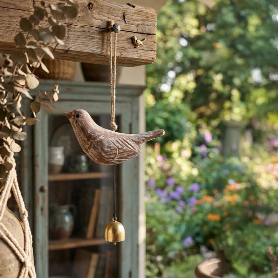 Rustic Wood Bird Wind Chime, Vintage Bird Sculpture Hanging Bell Pendant for Farmhouse, Patio, Garden, Balcony, Window Decor