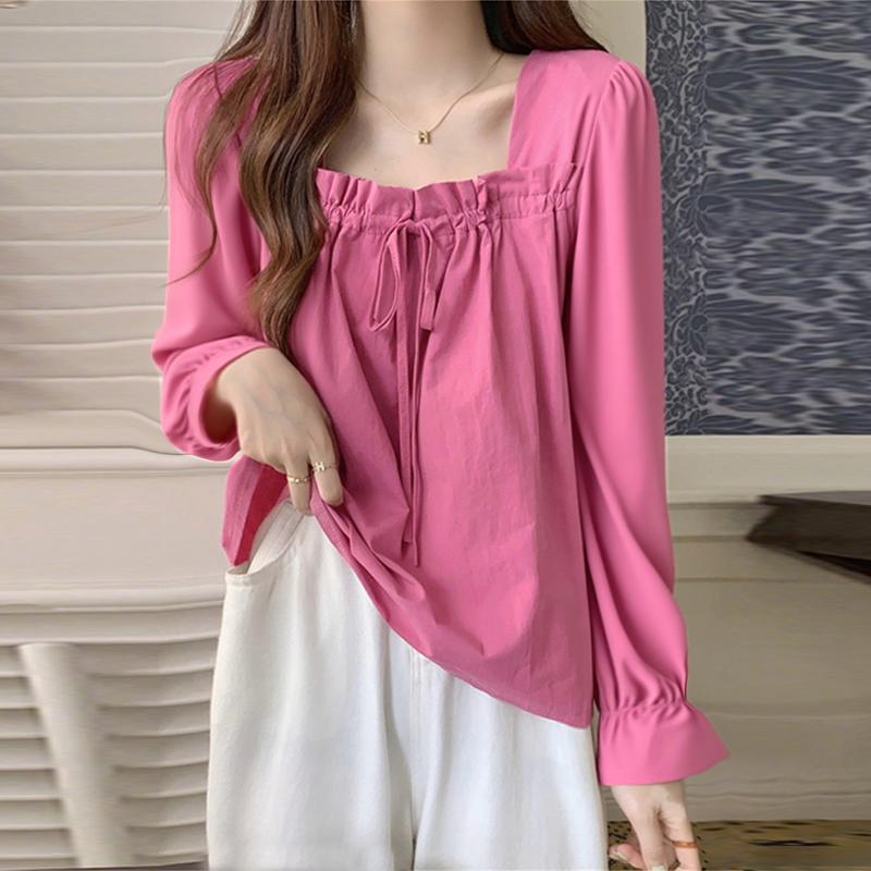 VONDA Women Square Collar Long Sleeve Lace-up Solid Elegant Blouses Tops