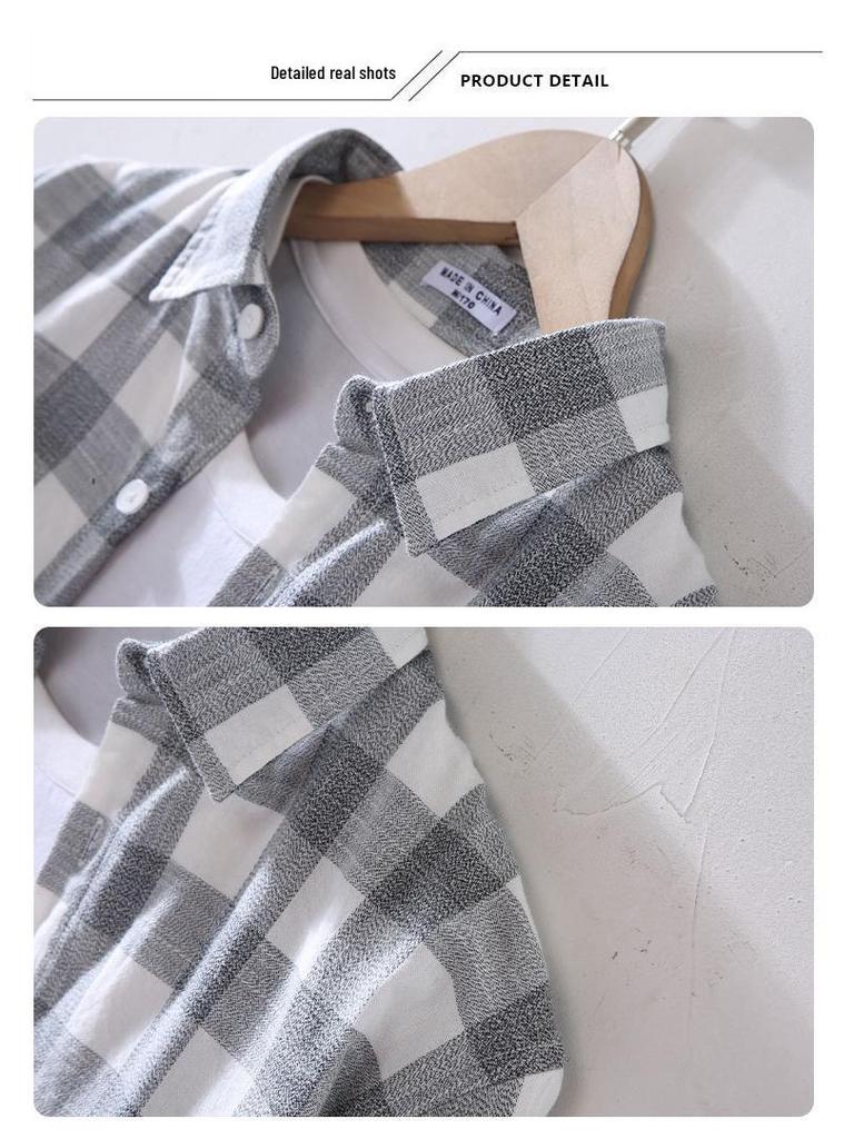 913 S/S Fresh Plaid Long Sleeve Shirt - Men's Casual Loose Fit Square Collar