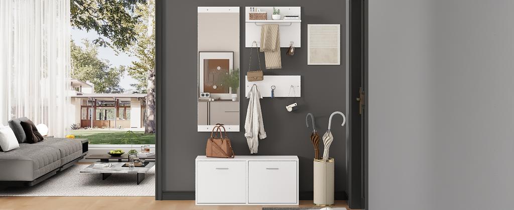 90*30*41.5cm 4-Piece Coat Rack Set with Mirror, 2 Hat Shelves and Shoe Cabinet, Compact Coat Rack with 6 Coat Hooks, White
