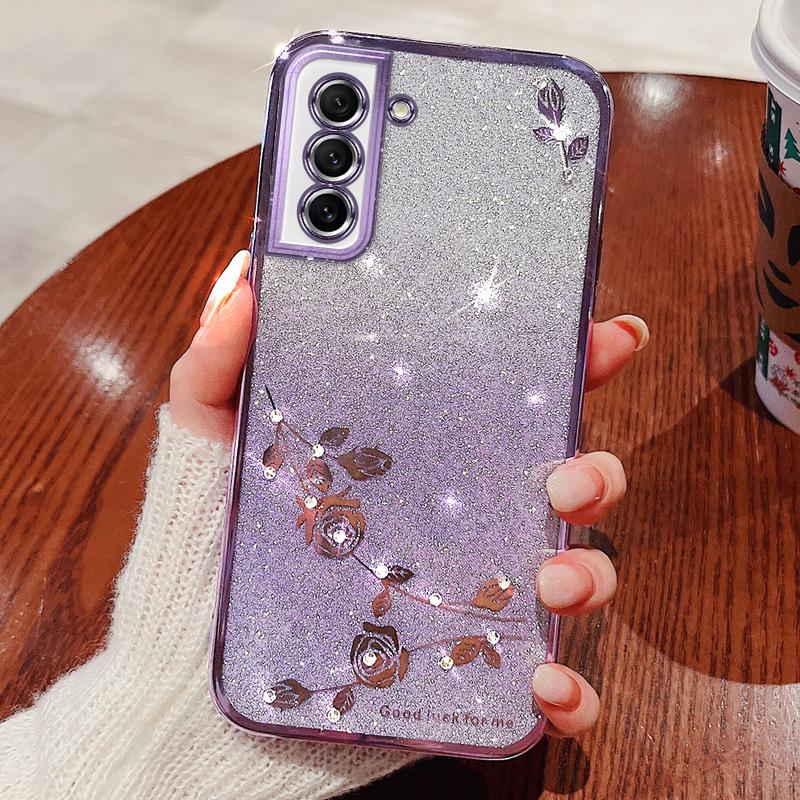 

KADEM Dustproof Phone Back Cover for Samsung Galaxy S21 FE 5G,Flower Pattern Decor Rhinestone Glitter Powder Flexible TPU Cell Phone Case Purple