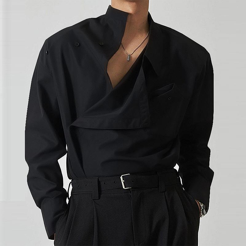 Men's Spring and Autumn Four Seasons Models Plus Size Solid Colour Irregular Lapel Shirt Buckle Long Sleeved Shirt