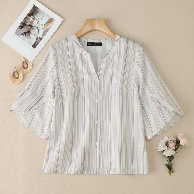 ZANZEA Damska luźna bluzka w paski z dekoltem w serek i rękawami 3/4