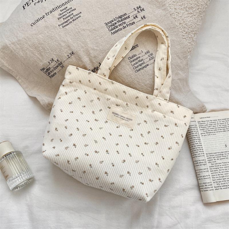 Corduroy Floral Handbag, Simple Tote Bag for Work, Lunch Bento Bag, Shopping Bag