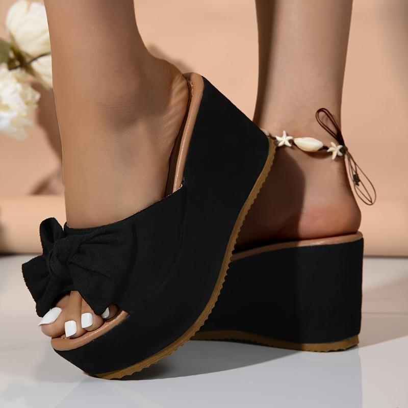 Stylish Comfortable Leopard Print Wedge Sandals - Women's Slip-On Platform Heels with Bowknot