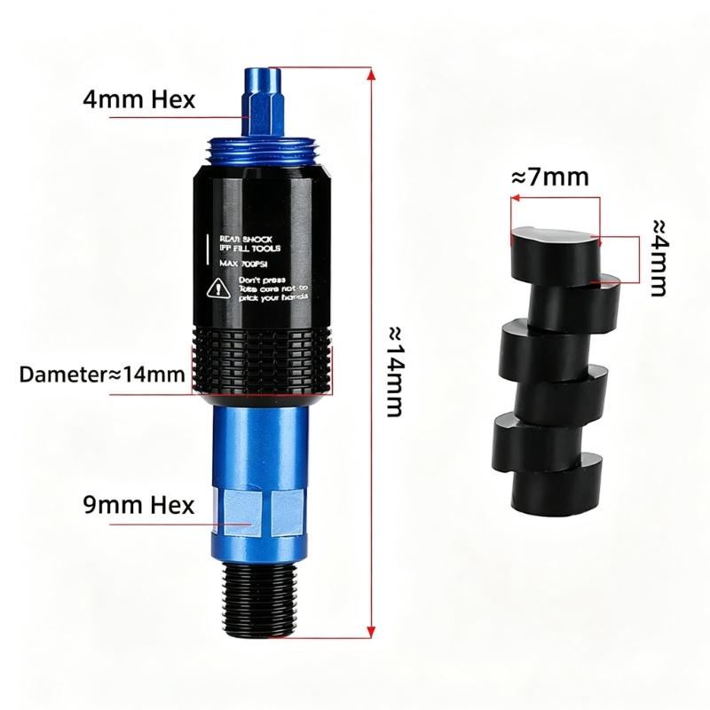 Bike Rear Shock Inflation Tool, Threaded Aluminum Adapters for Rear Suspension Pressure Adjustment with Compacts Carry Friendly Design