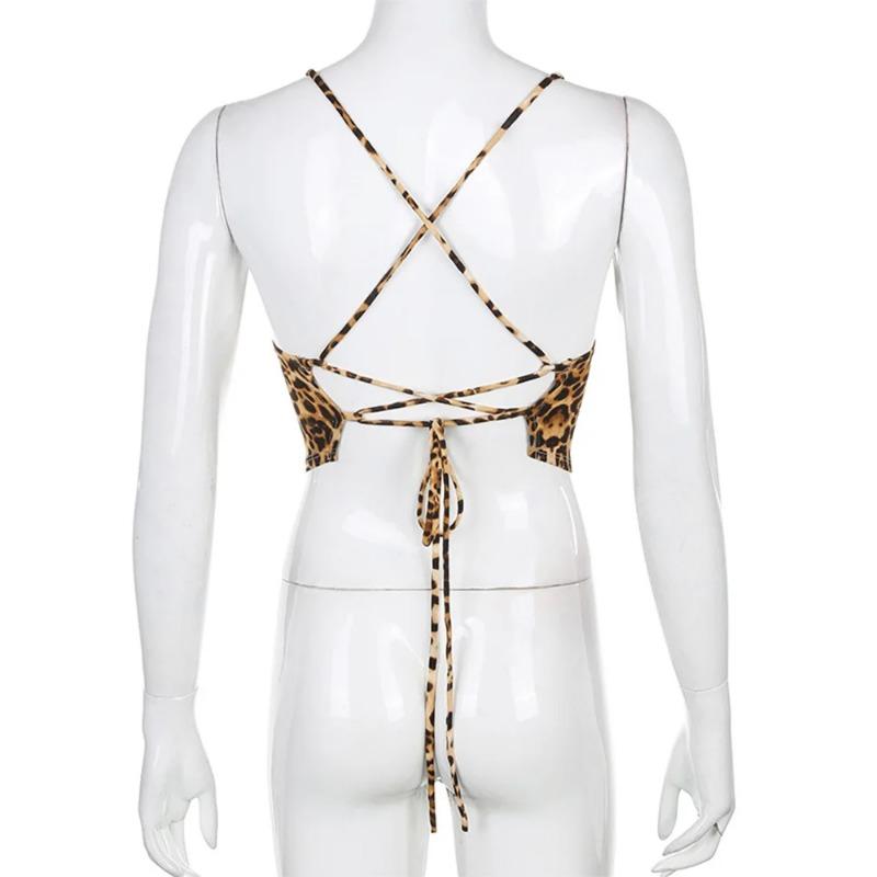 Camisetas sin mangas para mujer con estampado de leopardo, sin espalda, sexys, para rave, sin mangas, cruzadas con cordones, bralette, crop top, ropa de calle de verano