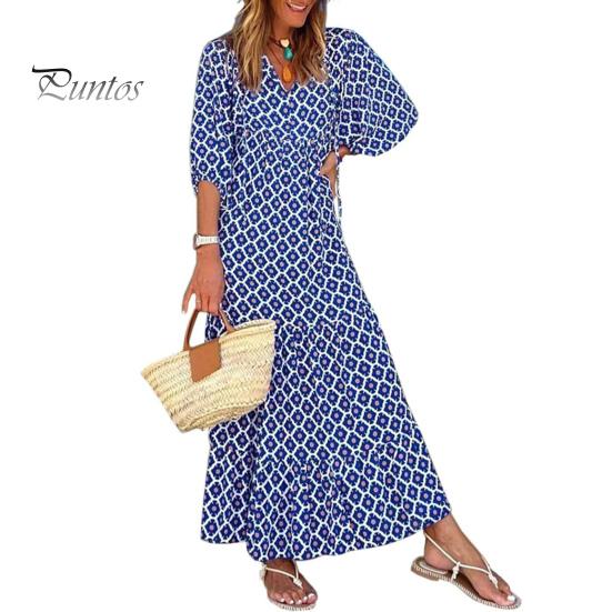 

Женское осеннее платье с рукавами-фонариками, V-образным вырезом и принтом, А-силуэта, свободного покроя, длиной до щиколотки, пэчворк, бохо, пляжное макси-платье, повседневное длинное платье L темно-синий