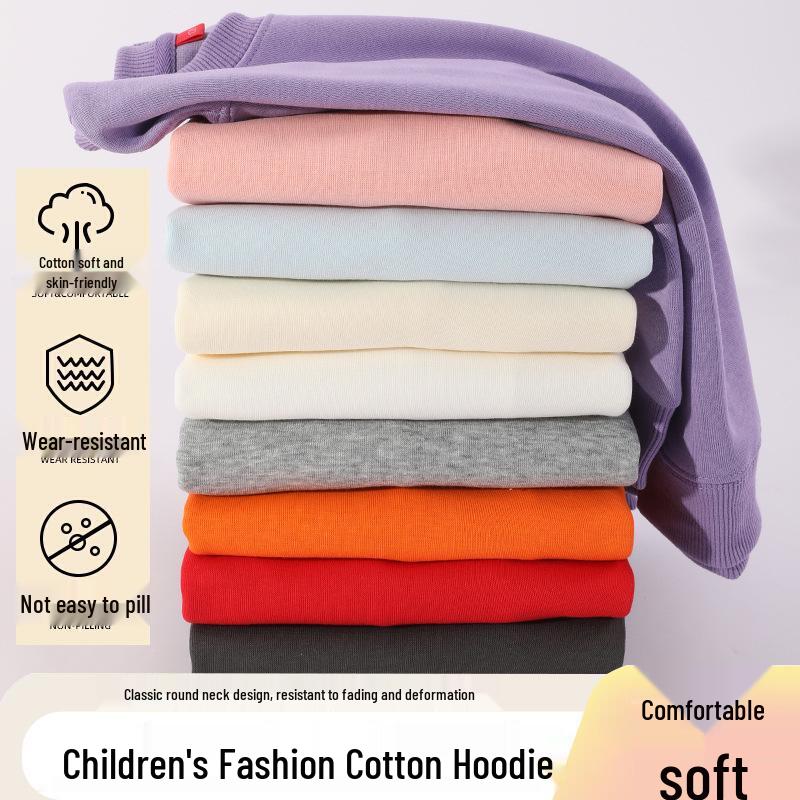 320g Cotton Kids' Round Neck Sweatshirt - Autumn/Winter Casual Solid Color Pullover