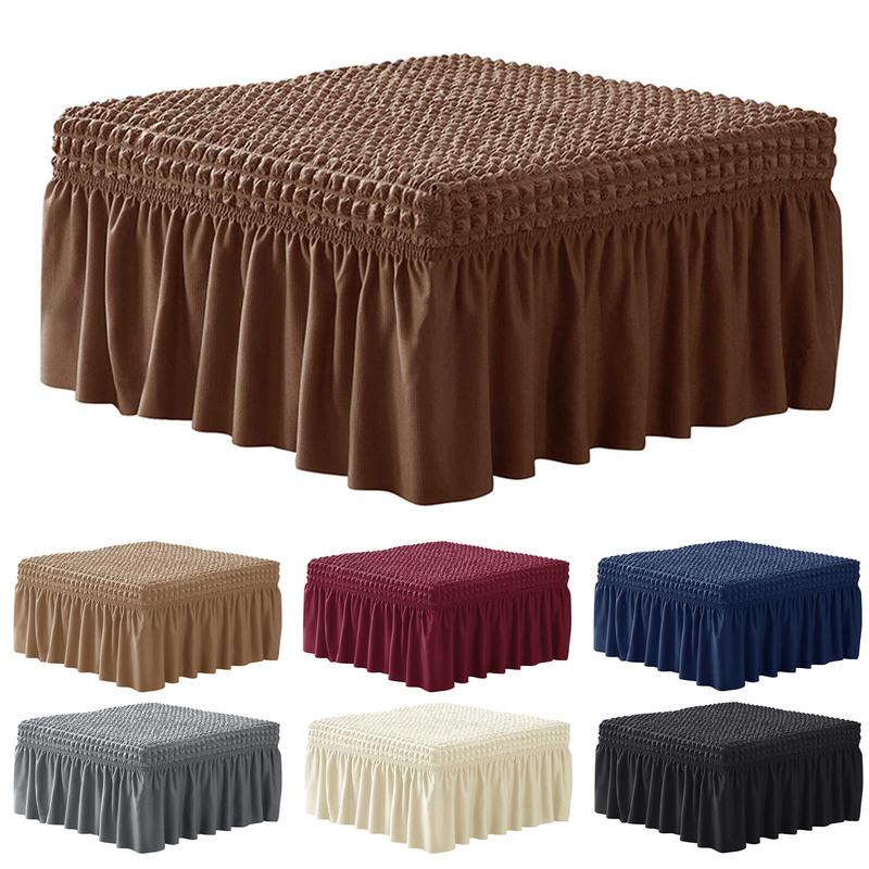 Stretch Ottoman Slipcover Removable with Skirt Footstool Protector Seersucker Thick Ottoman Cover for Living Room Cat Dog