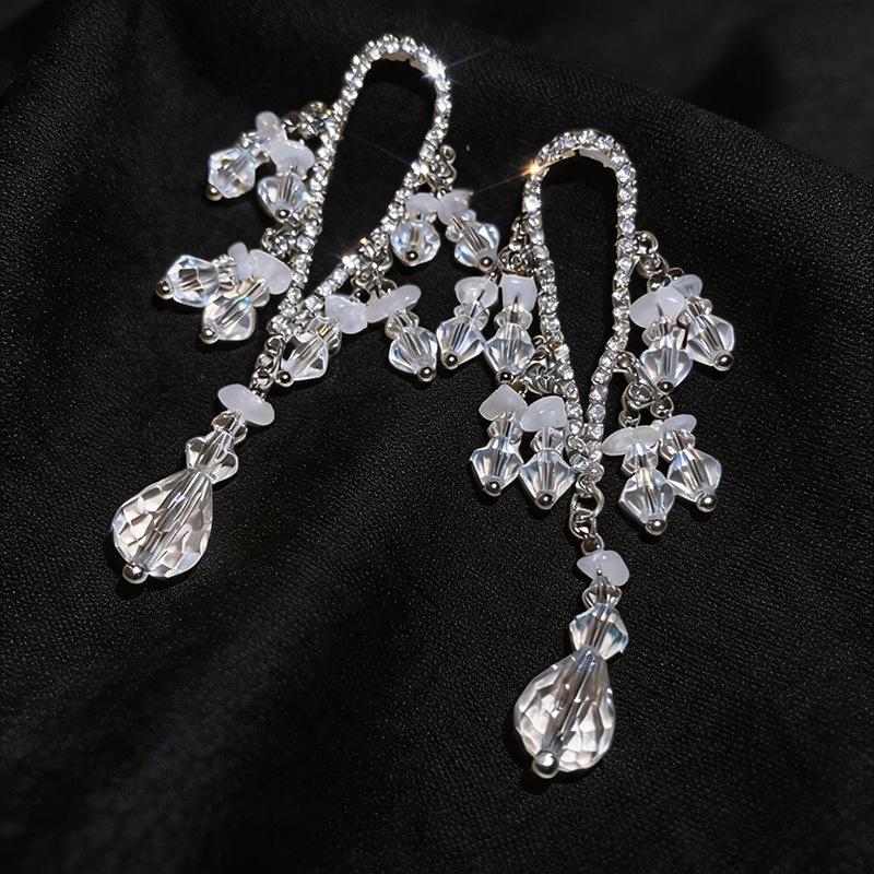 European & American Diamond-Inlaid Silver Tassel Earrings: Exquisite, High-End Fashion Jewelry for Women