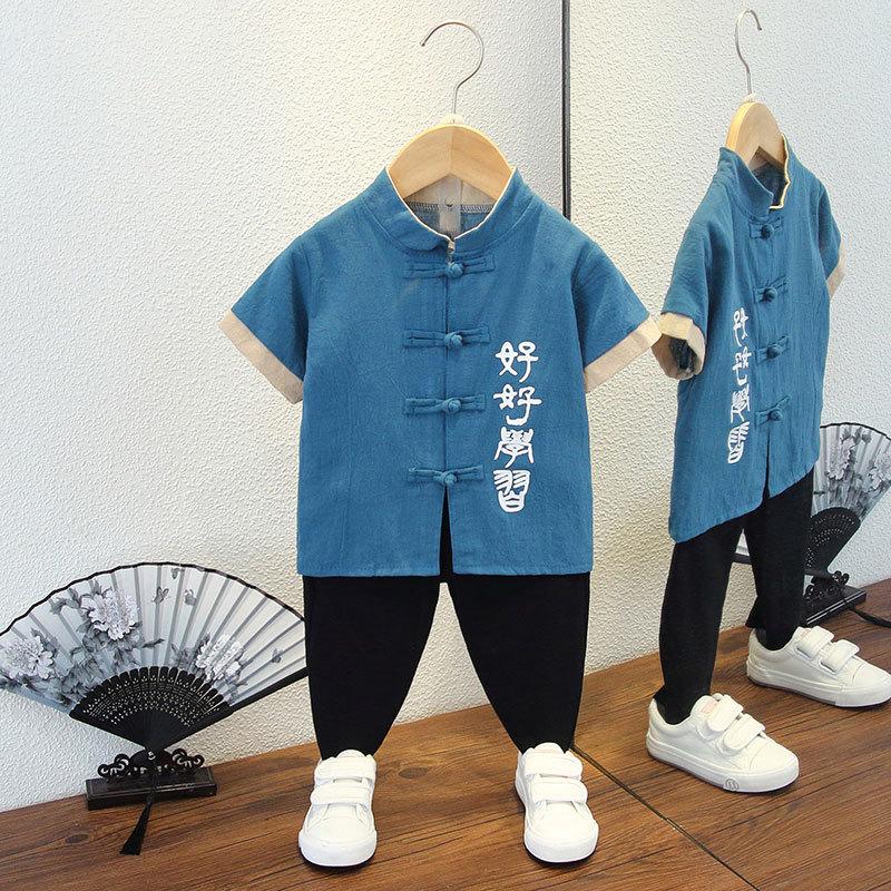 Completo Estivo da Ragazzo a Maniche Corte Stile Cinese per Bambini Hanbok Bello Completo Tang Cotone Lino Sezione Sottile di Abbigliamento Antico