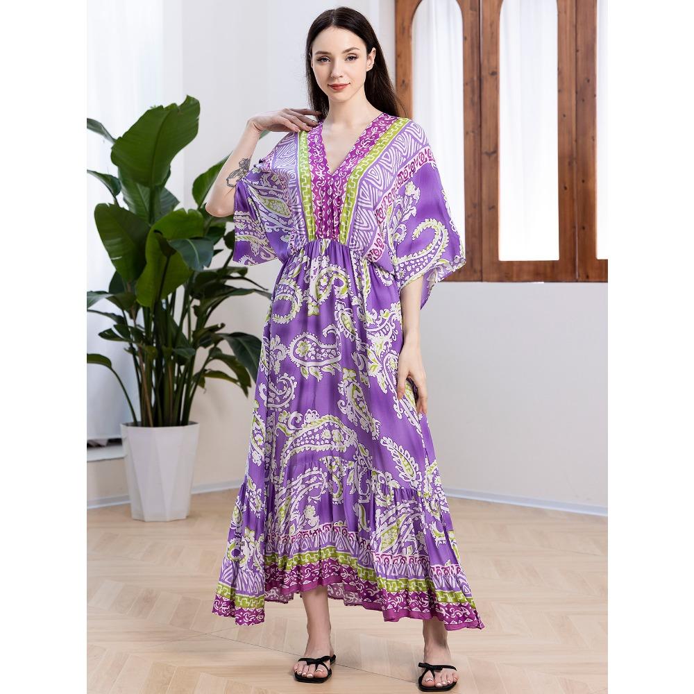 Plus Size Boho Kaftan Dress, Women's Plus Maxi Cover Up Dress