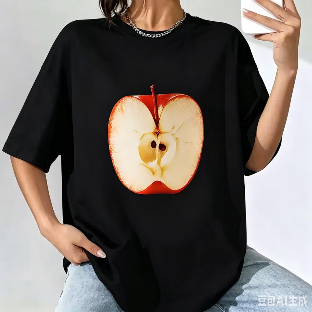 Aesthetic Red Apple Graphic Tshirt Creative Fruit Slice Print Tee Summer Short Sleeve Unique Art Design Trendy Fashion Tops