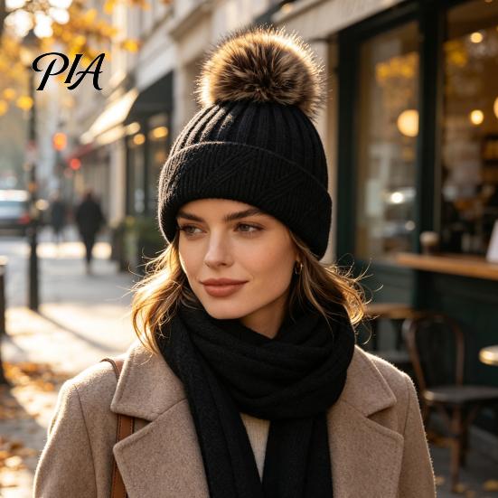 Cozy Knit Hats for Ponytails Winter Knitted Hat Women, Cold Weather Fleece Lined with Pom Fashion Beanies Pom, Chunky Snow Hat, Soft Ribbed