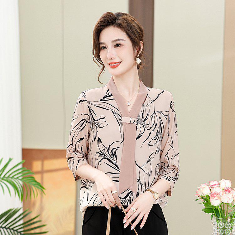 

Elegant Women s Summer Chiffon Printed Seven-Sleeve Top 2XL
