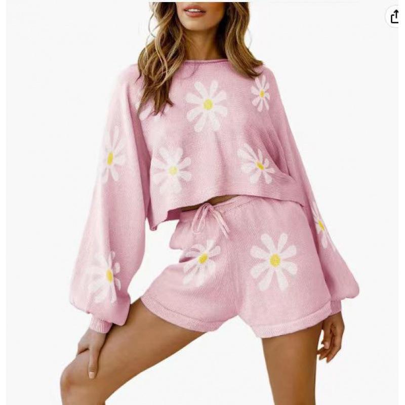 2026 Women Knit Pajama Set, Long Sleeve Top & Shorts, Casual Loungewear Home Sportswear