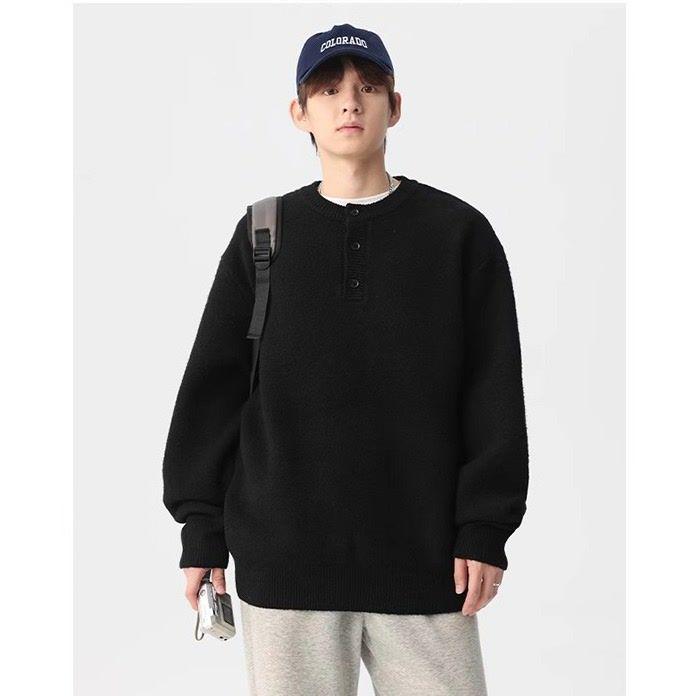 Men s Grey Henley Collar Autumn Sweater - High-End, Lazy Style Knit Base Layer Medium