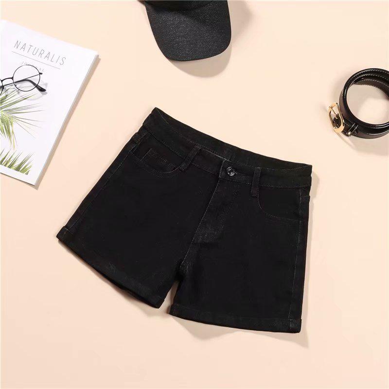 Women's High Waist Black Denim Shorts - 2025 Korean Style, Elastic, Slimming, Rolled Hem, Trendy Summer Hot Pants
