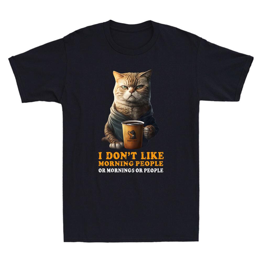 I Dont Like Morning People Funny Angry Cat Drink Coffee Meme Retro Men T-shirt S