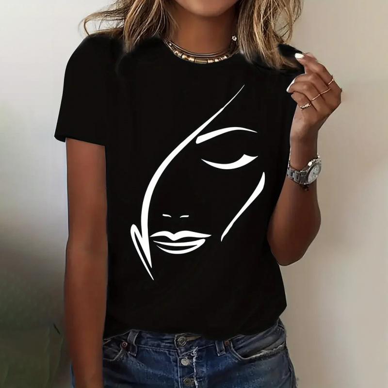 Women Summer Round Collar Cotton Oversize Printed T Shirt - Fashion Short Sleeve Top