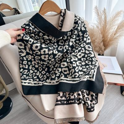 Elegant Leopard Jacquard Pashmina Cashmere Scarf Winter Thick Warmth Two-Sided Shawl Coldproof Windproof Blanket Scarf